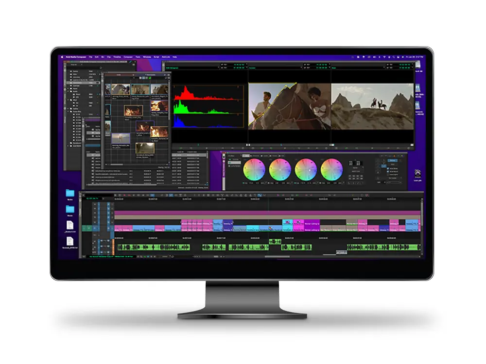 Avid Media Composerの製品ロゴと4K動画編集の操作画面イメージ