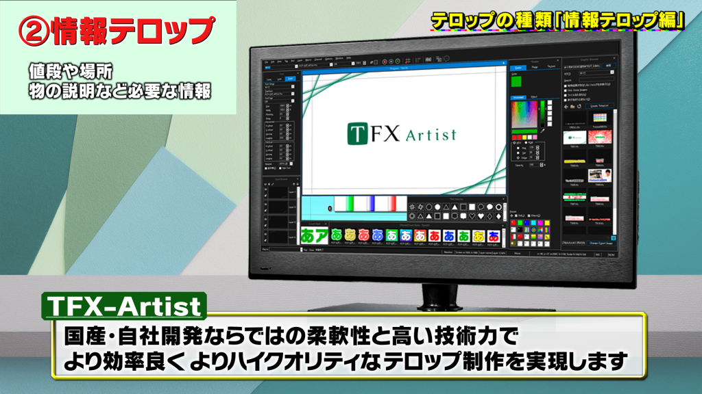 値段や場所、物の説明など必要な情報を示す情報テロップの例画像。
