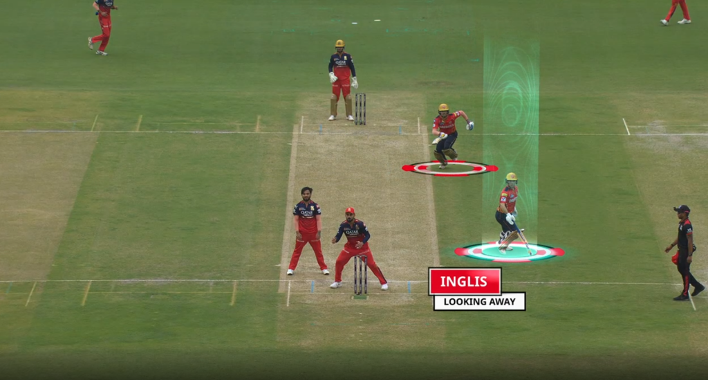 Viz Liberoによるクリケットの分析画面。リプレイ映像上に3Dカメラフライトと軌跡ラインを表示し、プレーの本質を視覚化している。