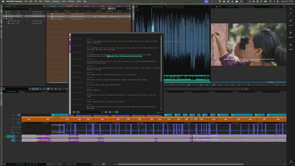 Media Composer 2025.12:文字起こしされたテキストをタイムラインと同期したまま直接修正するデモンストレーション