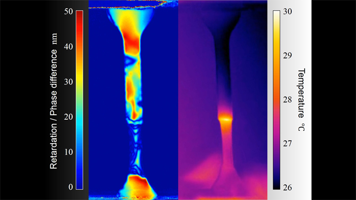 偏光高速度カメラ（左）と高感度赤外線カメラ（右）で同時に撮影した、全く新しい材料特性の計測結果 （東京大学 伊藤・横山研究室ご提供）
